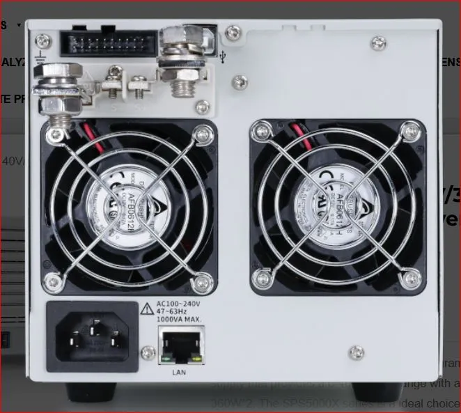 Siglent SPS5044X DC power supply rear view with dual cooling fans, power inlet, LAN port, and terminal connectors for lab