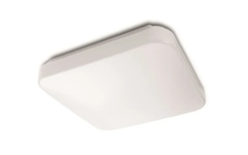 Lampada a soffitto LED Philips myLiving Mauve quadrata bianca 2000lm vista dal basso su sfondo chiaro con diffusore opaco e