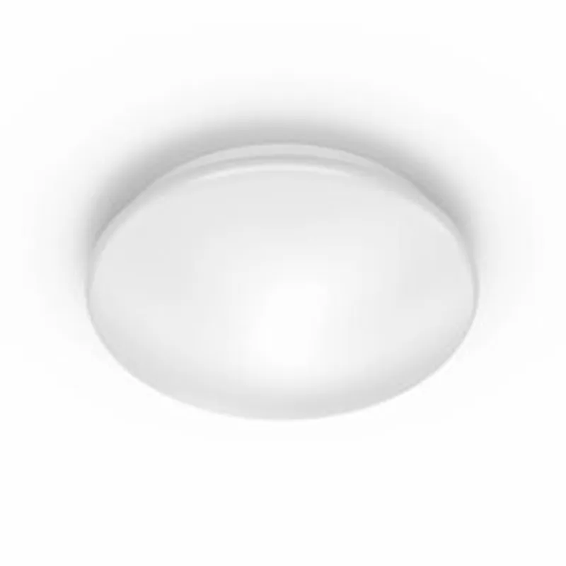 Philips Moire CL200 EC RD 6W ceiling light, round white dome diffuser viewed from below, flush-mounted and illuminated.