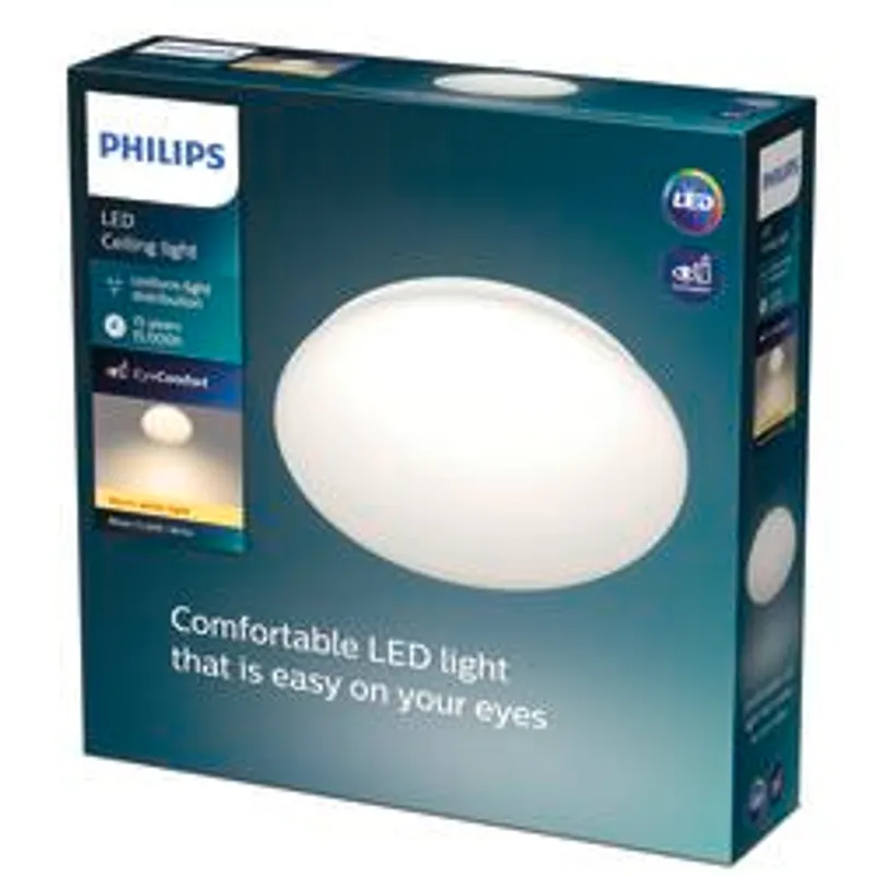 Philips Moire CL200 LED ceiling light retail box with 10W 2700K specs and eye-comfort design shown at an angle.