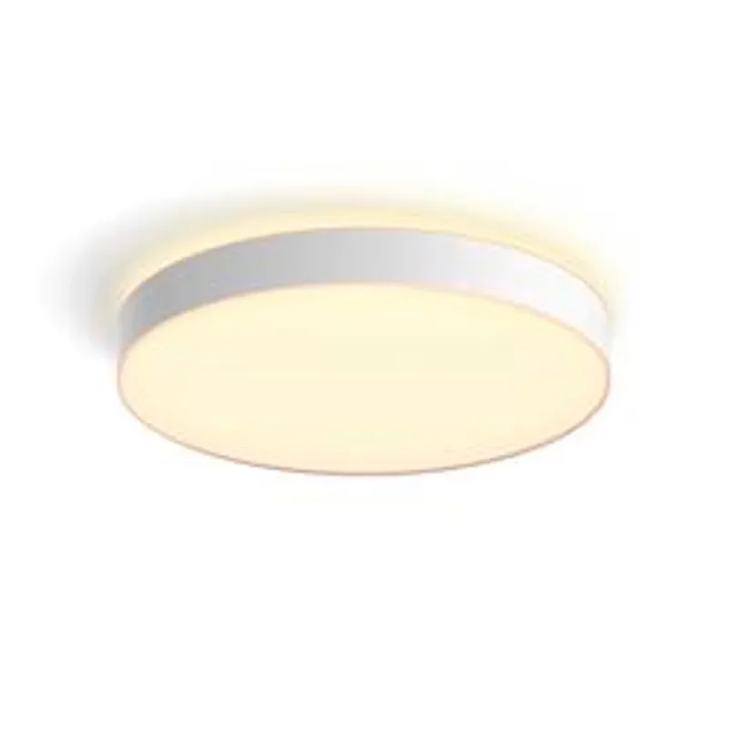 Lampada Philips Hue White Amb. Enrave Deckenleu XL bianca accesa con diffusore piatto e luce calda bianca uniforme su