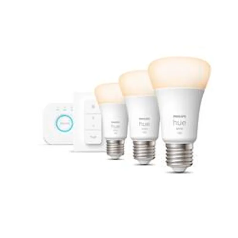 Philips Hue White E27 3er Starter Set inkl DS 3x1050lm 75W, hub blanco con anillo azul, control remoto vertical blanco y