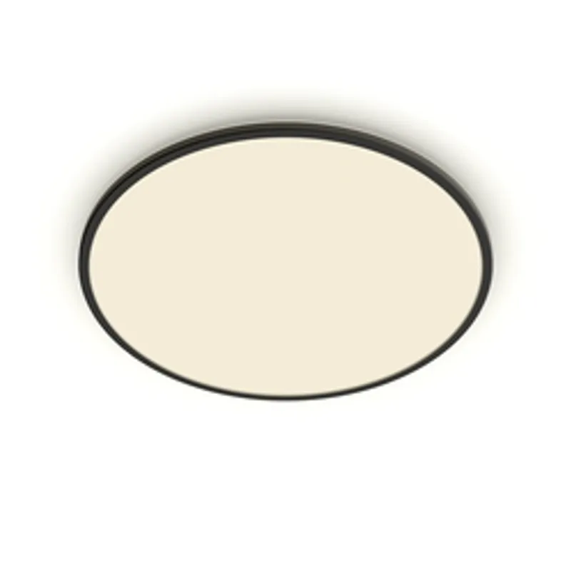 Philips 3in1 LED Ceiling Light CL550 3600lm 2700K Dimmable, circular fixture with black rim and off-white diffuser glowing