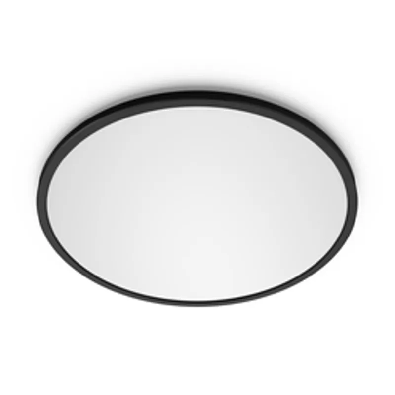 Philips Superslim 3in1 LED Leuchte CL550 15W 2700K IP44 Schw, vista frontale di una lampada da soffitto circolare con bordo