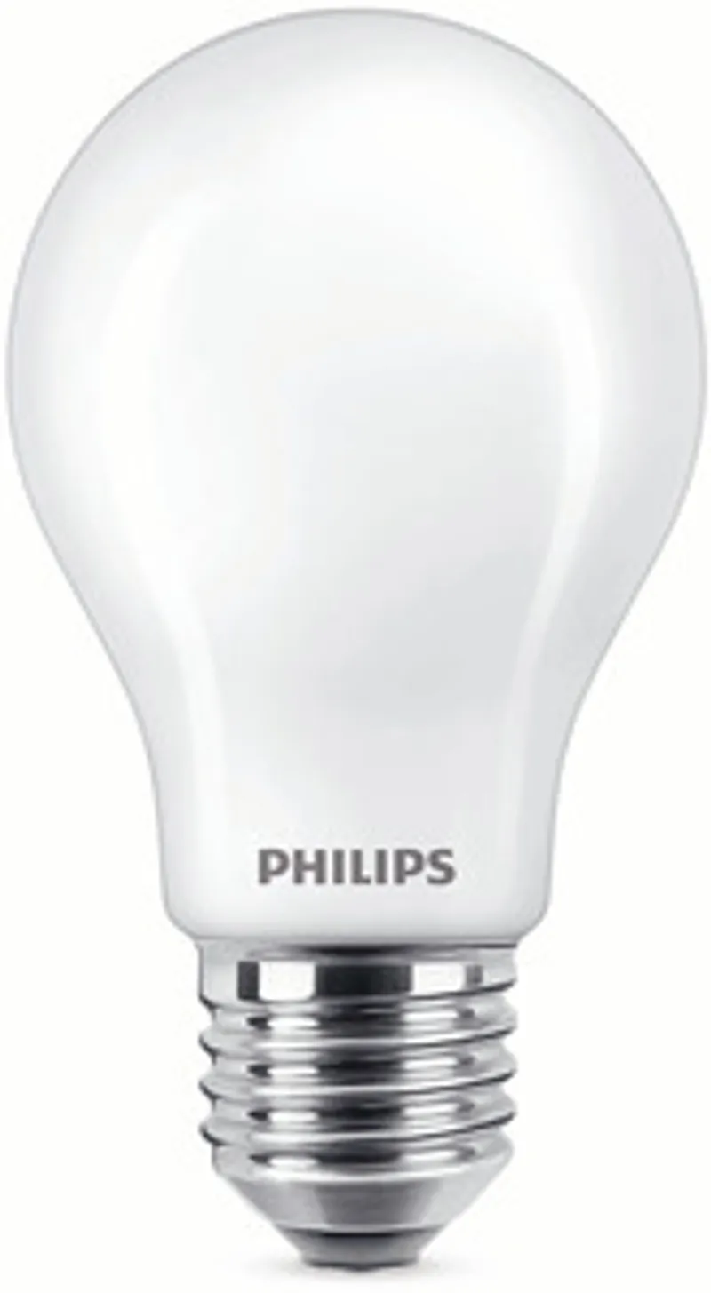 Lampadina LED Phillips WarmGlow 100W E27 bianca opaca con base metallica argentata, vista frontale ravvicinata.