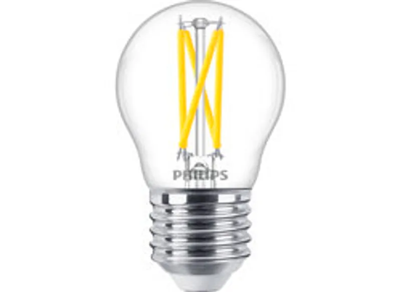 Philips LED classic WarmGlow teardrop bulb 25W E27 clear with yellow filaments and silver screw base