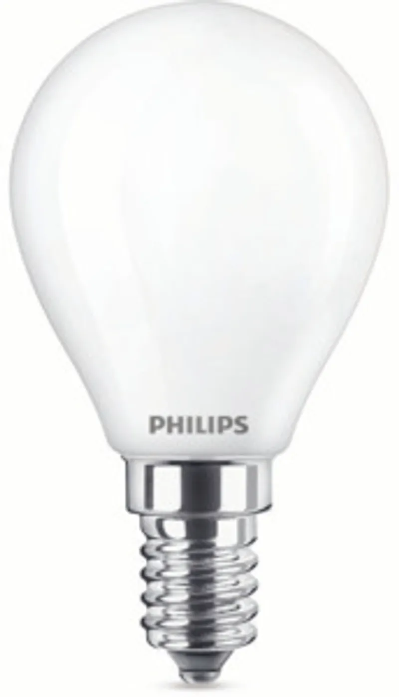 Philips LED WarmGlow Lampe 40W E14 Tropfen matt 1er P, white matte teardrop-shaped light bulb with grey brand name and