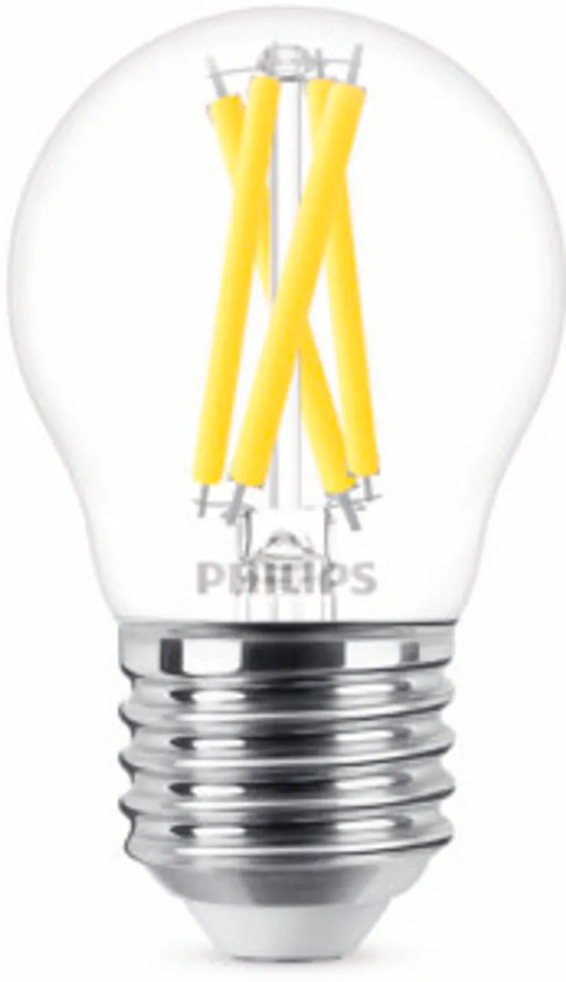 Philips LED WarmGlow Lampe 60W E27 Tropfen Klar 1er P, zeigt eine aufrechte klare Glühbirne mit vier vertikalen gelben