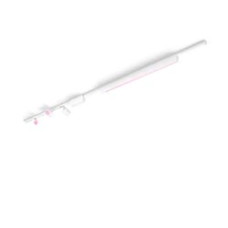 Set Philips Hue Perifo con binario bianco, tre faretti e barra luminosa LED che emettono luce rosa tenue a soffitto.