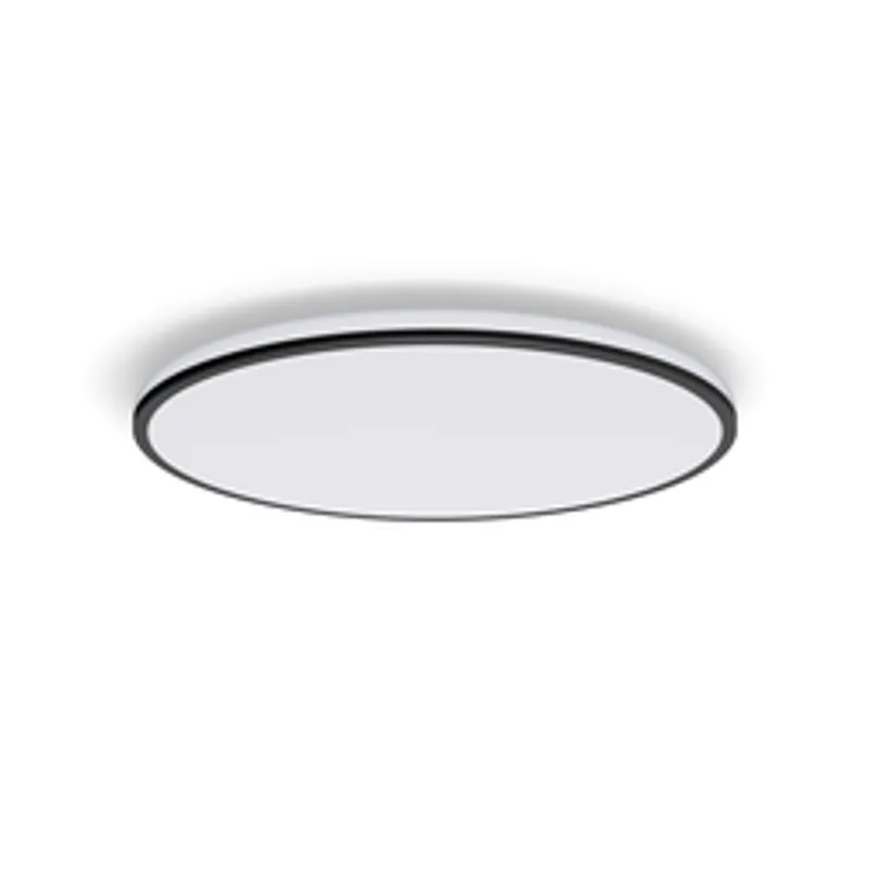 Philips Ozziet black ceiling light with 2300lm SceneSwitch, circular flush-mount fixture showing flat white diffuser and