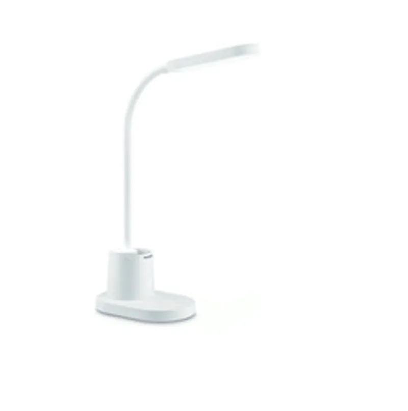 Lámpara de mesa Philips Bucket blanca de 200lm con base redonda, cuello curvo y cabezal rectangular alargado en ángulo