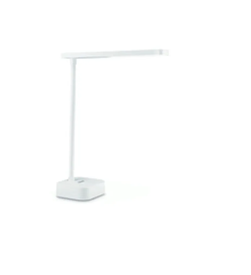 Lampada da tavolo Philips Tilpa bianca con base quadrata, pulsante circolare e barra LED orizzontale su scrivania illuminata.