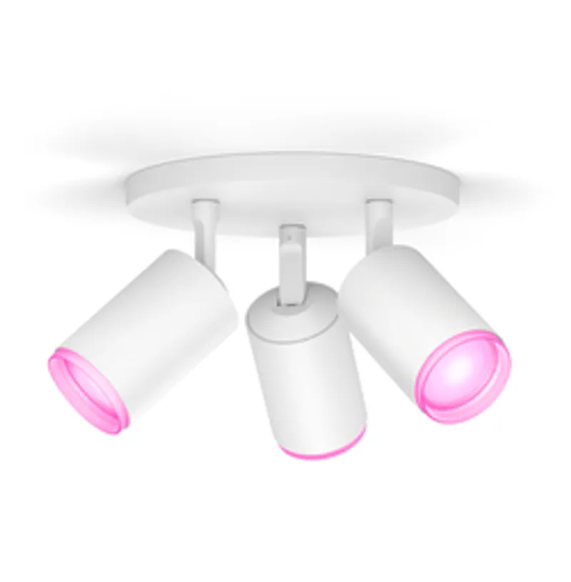 Philips Hue White&Color Ambiance Fugato Spot 3-flg. weiß 3x4,2W, weißes Deckenstrahler-Gehäuse mit drei pink leuchtenden