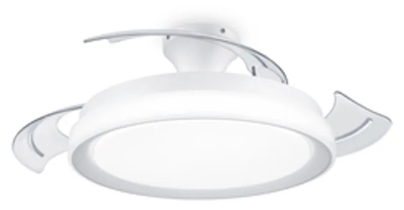Ventilatore a soffitto Bliss 28W+35W bianco con pale curve e luce diffusa integrata, installato su montatura a vista in