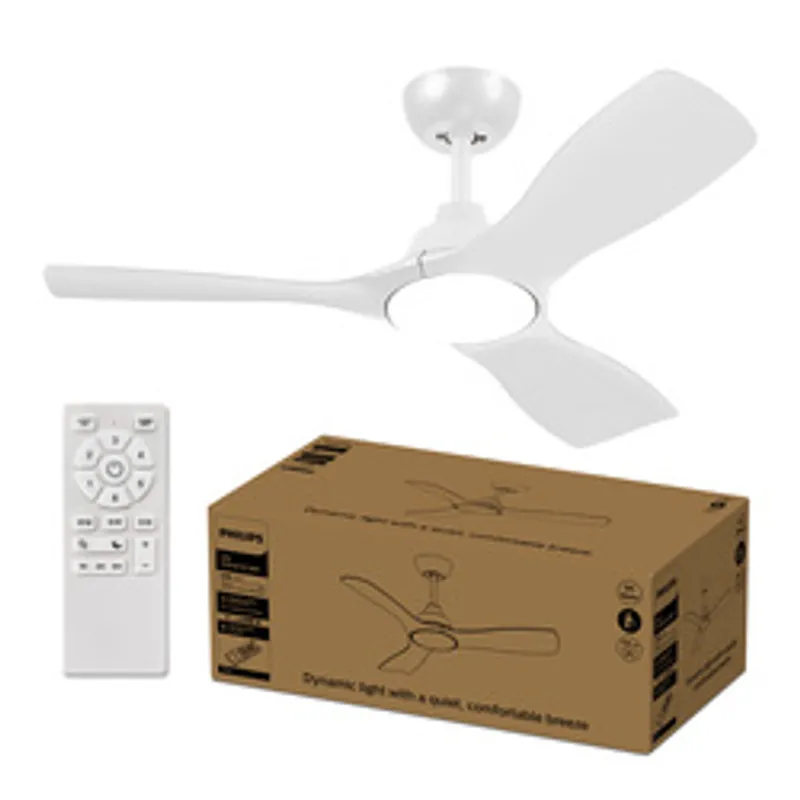 Ventilateur de plafond Philips à pales fixes avec éclairage 30W+24W WH, télécommande blanche et boîte d’emballage marron