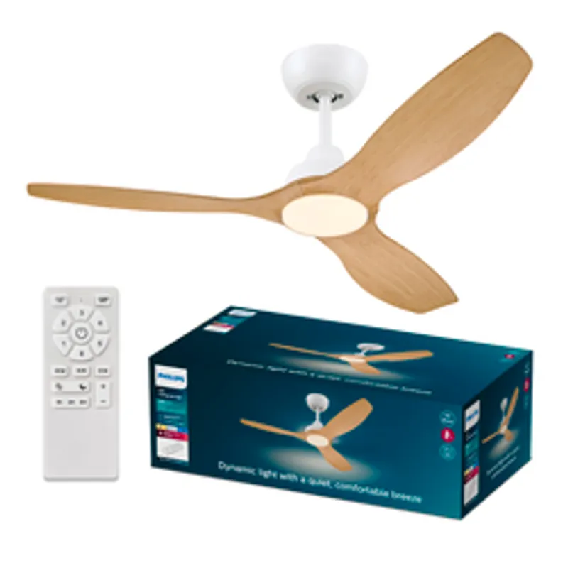 Philips Olas ceiling fan with light and wood blades shown from below with remote and packaging on display.