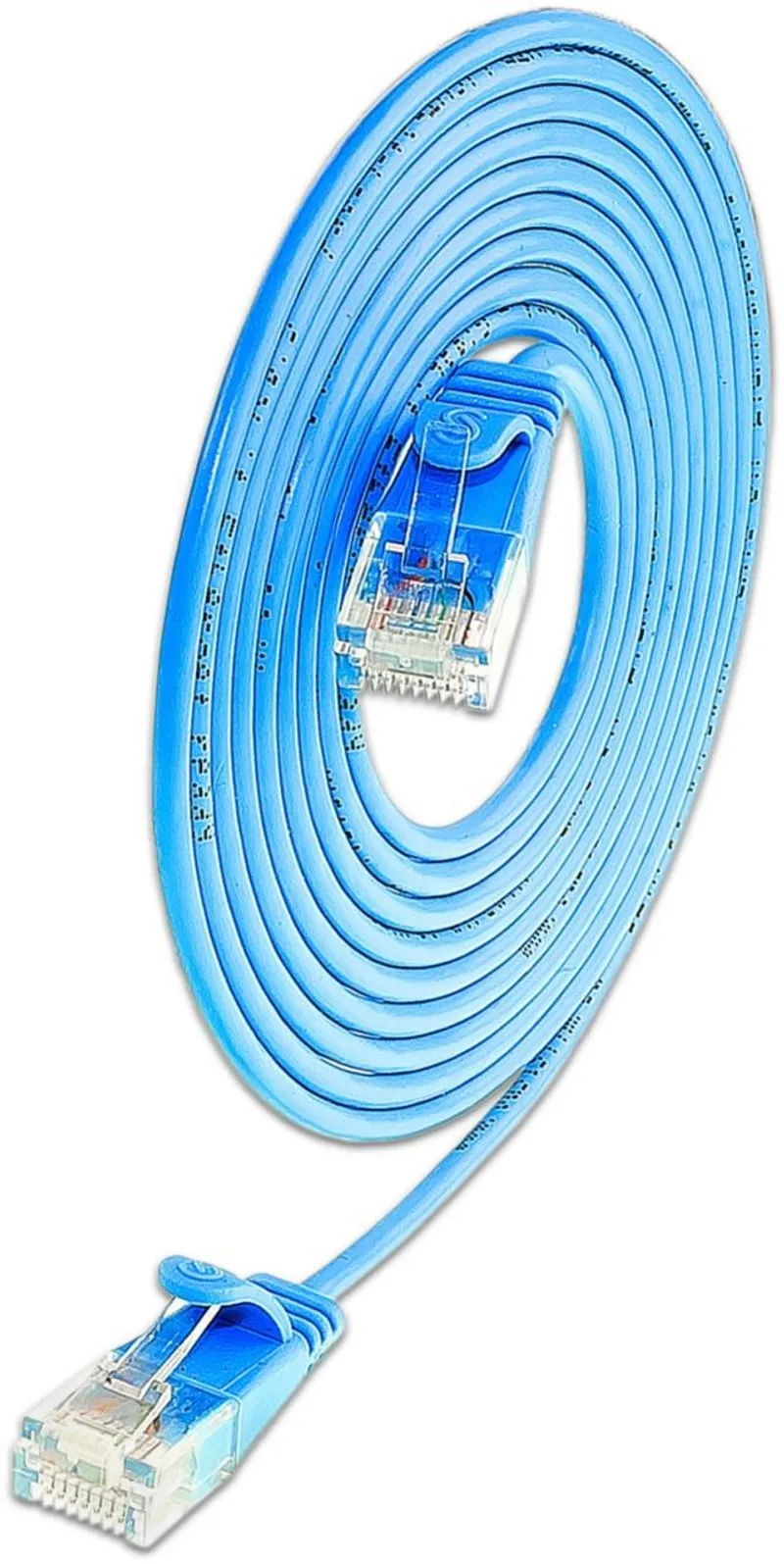 Câble réseau KAT6 Lightpatchkabel rond U/UTP bleu de 2,8mm enroulé avec connecteurs RJ45 à bottes bleues et fiches