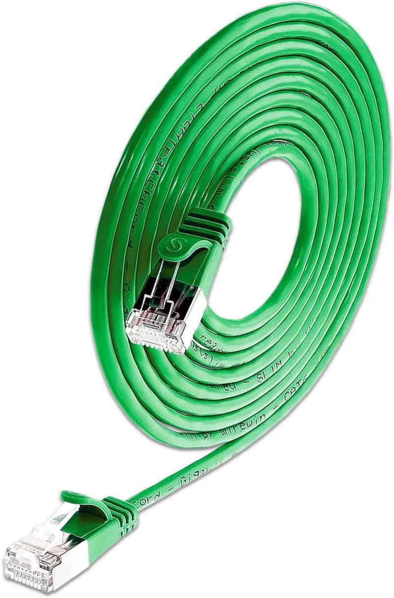 KAT6 Lightpatchkabel U/FTP coiled green network cable with transparent RJ45 connectors shown in a coiled position for neat