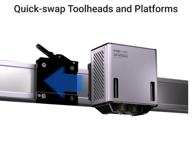 Snapmaker Artisan 3-in-1 3D Drucker mit seitlichen Lüftungsschlitzen auf Metallschiene neben schwarzer Halterung mit