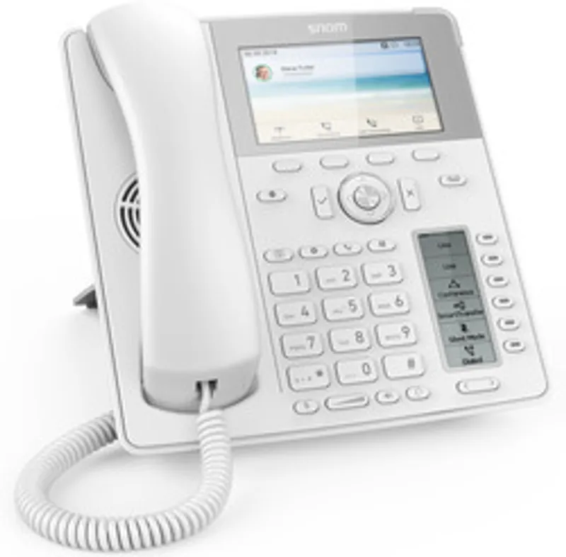 snom D785 white desktop IP phone with color LCD screen, numeric keypad, navigation cluster, and programmable function keys