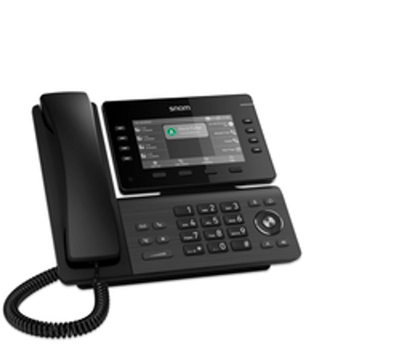 Snom D812, schwarzes Tischtelefon leicht nach rechts geneigt, mit Hörer in der Halterung links, verbunden durch eine