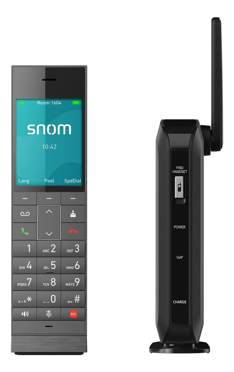 Teléfono inalámbrico Snom con pantalla a color y base de carga con antena en color negro para oficina o hogar