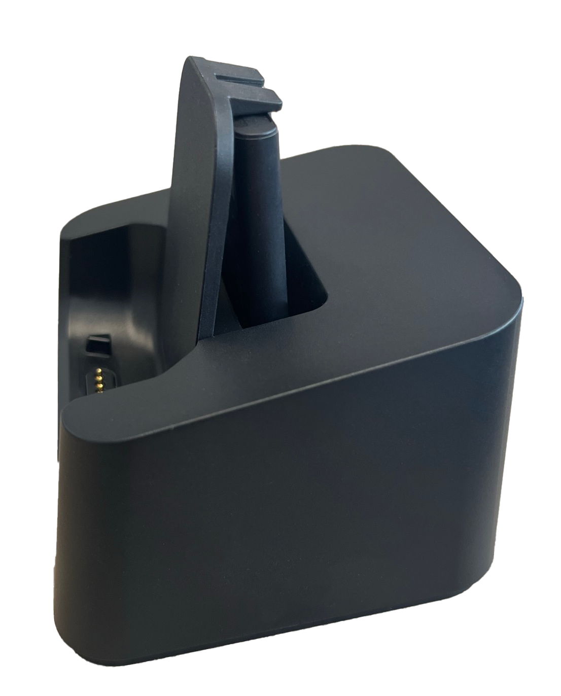 Spectralink S35/S37 Desktop Dual Charger, shown from above at an angle, featuring two charging bays with gold contacts and Spectralink S35/S37 Desktop Dual Charger, shown from above at an angle, featuring two charging bays with gold contacts and