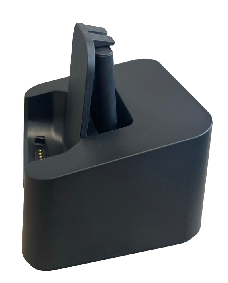 Spectralink S35/S37 Desktop Dual Charger, shown from above at an angle, featuring two charging bays with gold contacts and