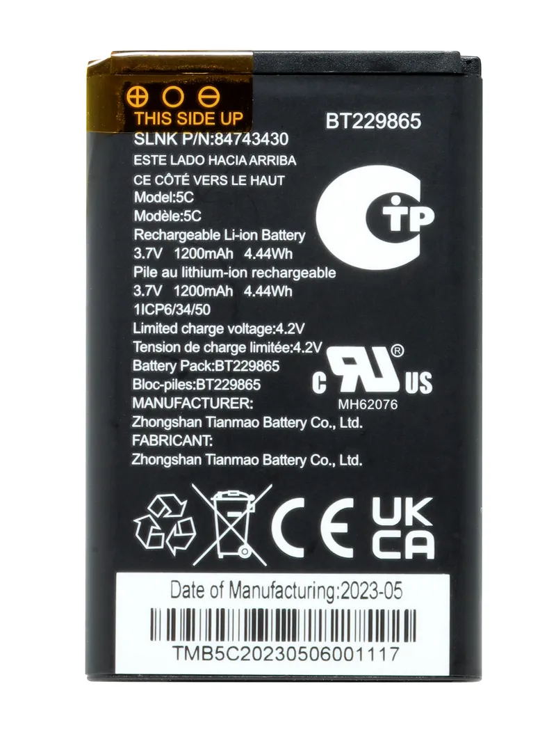 Spectralink S-Series Akku S35/S37 Rückseite mit Typenschild, Modell 5C, 3,7V 1200mAh Li-Ion-Batterie und