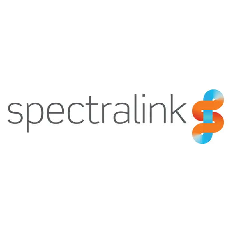 Spectralink Logo mit grauem Schriftzug und orange-blauem stilisiertem S-Symbol für Unternehmensidentität