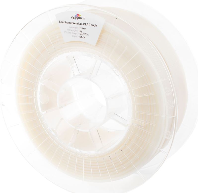Spectrum 3D Filament PLA Tough 1,75mm NATURAL 1kg, transparente Spule mit naturfarbenem Filament, Etikett mit technischen Spectrum 3D Filament PLA Tough 1,75mm NATURAL 1kg, transparente Spule mit naturfarbenem Filament, Etikett mit technischen
