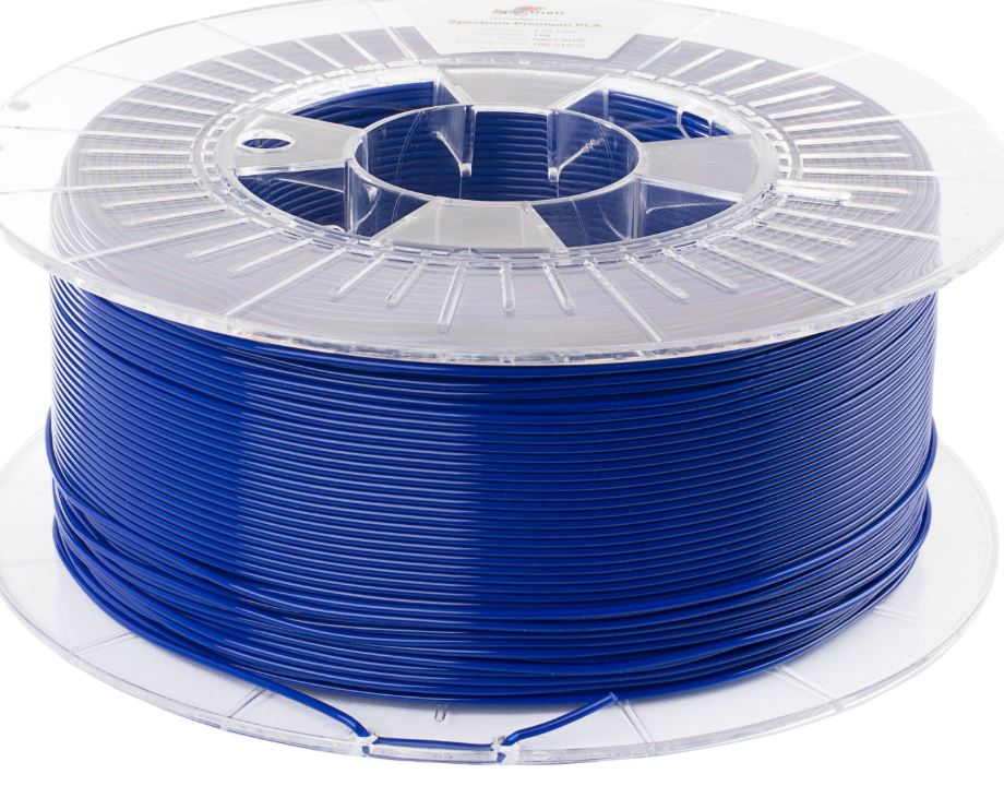 Spectrum 3D Filament PLA Premium 1.75mm Navy Blue 1kg spool with white label on transparent reel, loose end secured in