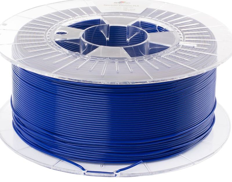 Spectrum 3D Filament PLA Premium 1.75mm Navy Blue 1kg spool with white label on transparent reel, loose end secured in