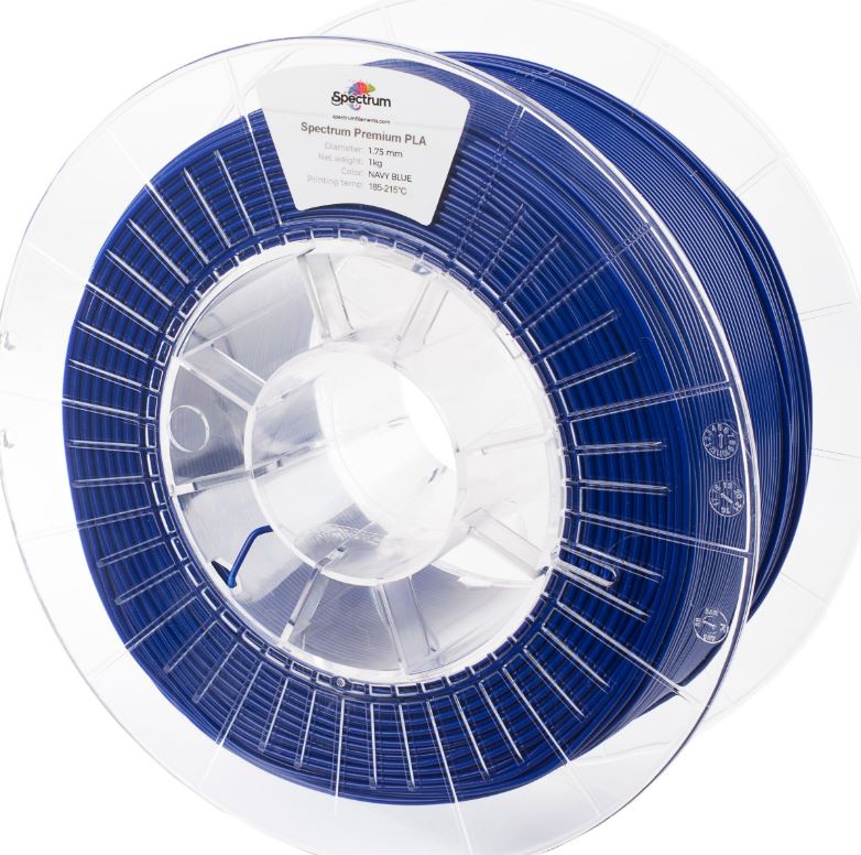 Spectrum 3D Filament PLA Premium 1.75mm Navy Blue 1kg spool with white label on transparent hub