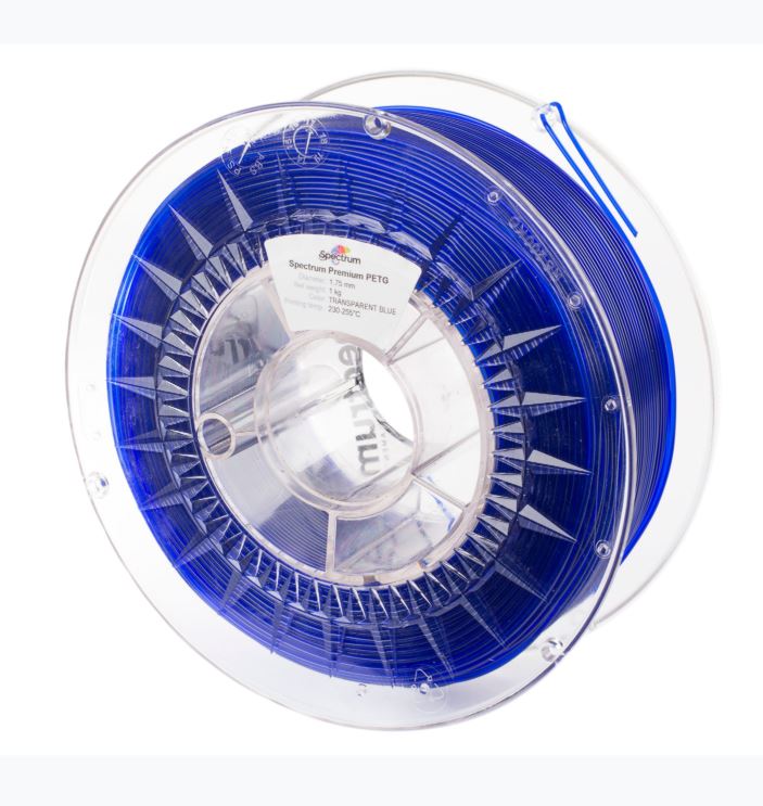 Filamento Spectrum 3D PET-G Premium 1,75mm transparente azul, carrete de plástico translúcido con etiqueta blanca, fondo