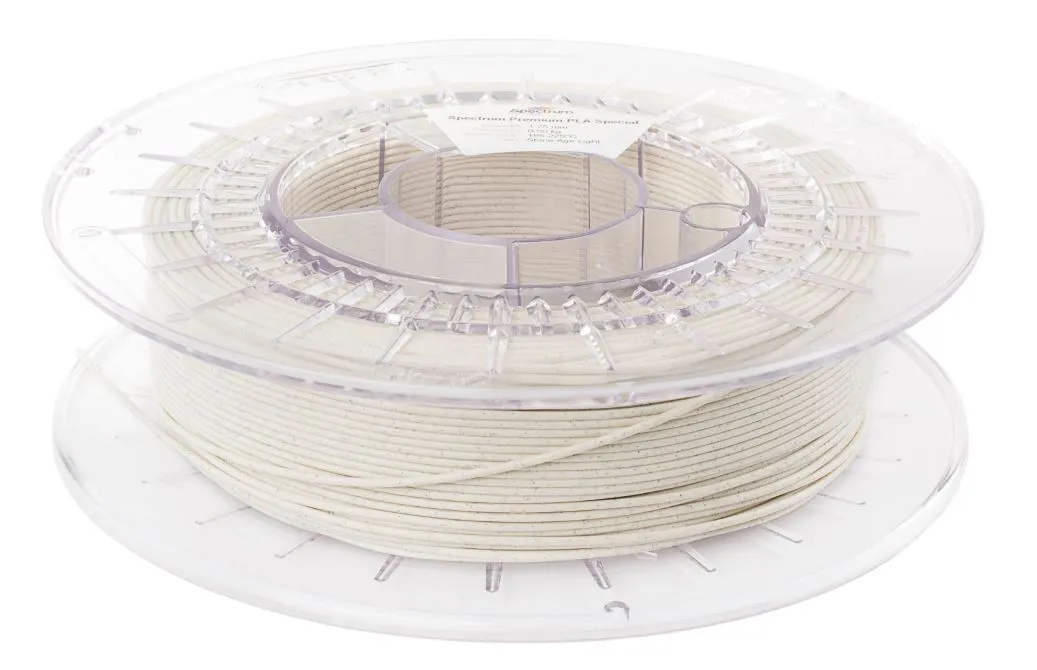 Spectrum 3D Filament PLA Stone Age 1,75 mm hellbeige 1 kg Spule mit gleichmäßig gewickeltem hellbeigem Filament und weißer Spectrum 3D Filament PLA Stone Age 1,75 mm hellbeige 1 kg Spule mit gleichmäßig gewickeltem hellbeigem Filament und weißer