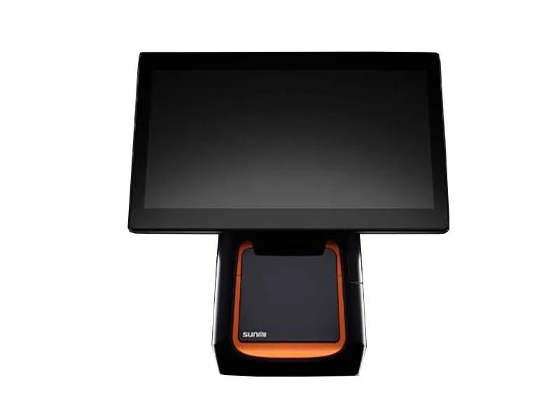 Système tactile Sunmi T2s 15,6" avec écran 10" arrière et imprimante 80mm intégrée, design noir à bordure orange et logo
