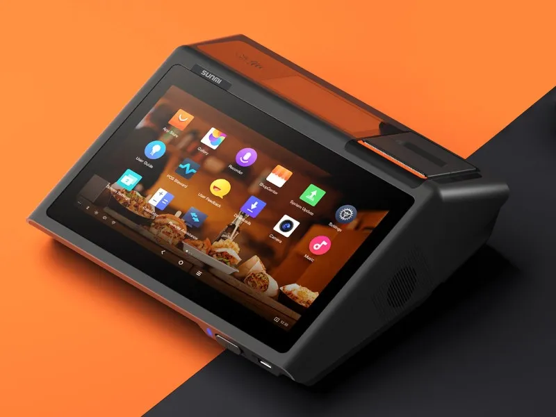 SUNMI d2 mini Touchsystem mit 10,1-Zoll-Display, Android 8.1 und Bondrucker auf orange-schwarzem Hintergrund mit