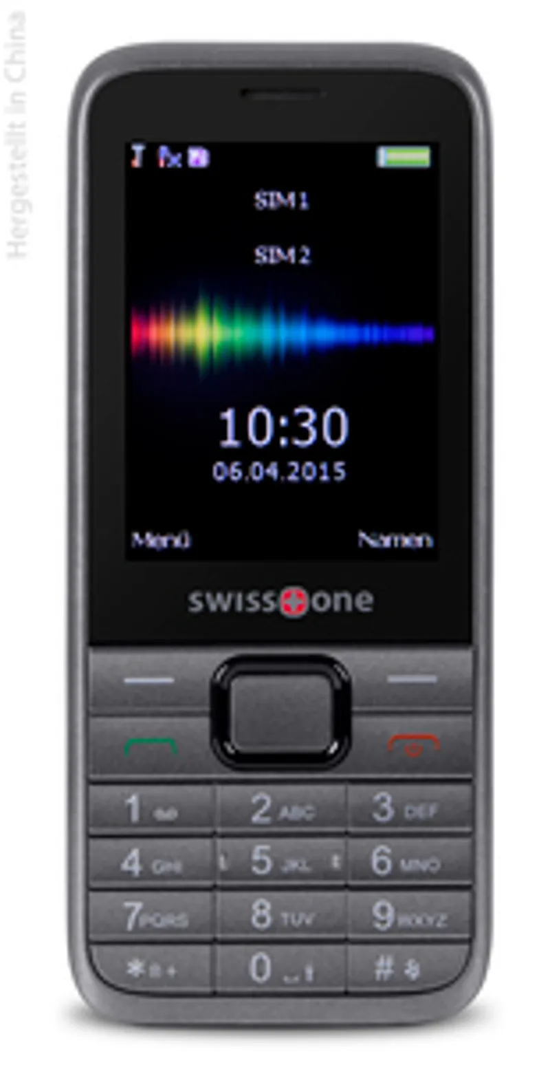 Swisstone SC 560 telefono cellulare con schermo nero che mostra onda audio, ora 10:30 e data 06.04.2015, tastiera numerica