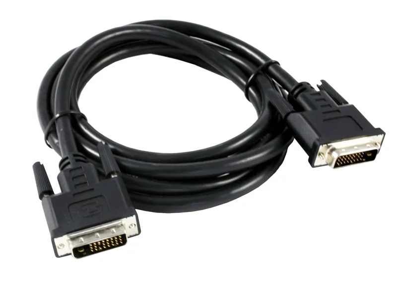 Black DVI-D 24+1 cable, 10m Ultra HD 4K Synergy21, coiled with visible male connectors and thumb screws on white background.