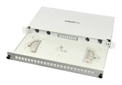 19-inch LWL-Patchpanel Spleisbox with 12xLSH(E2000APC) OS2 Singlemode ports, open light grey panel showing 24 numbered