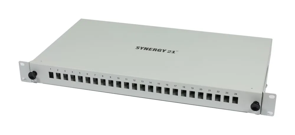 LWL-Patchpanel Spleisbox,19", 12xLC-Duplex-Buchsen, OM4, 50/125u Multimode, incl.Pigtails, Lichtgrau, Synergy 21