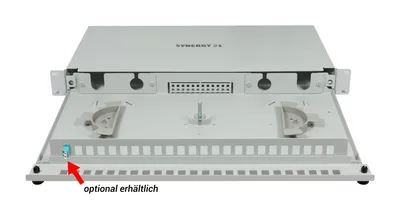 Patchpanel LWL 6xLC-Duplex 19" OM5 multimodale grigio chiaro con coperchio aperto e componente opzionale blu evidenziato.