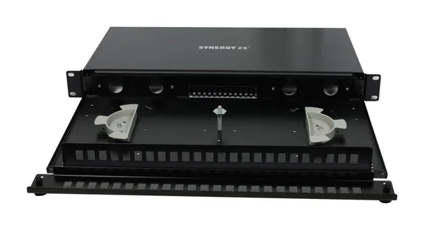 LWL-Patchpanel Spleisbox,19", 12xLC-Duplex-Buchsen, OM5, 50/125u Multimode, incl.Pigtails, Schwarz, Synergy 21