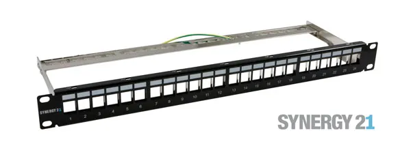 Patch Panel 24xTP,CAT6A, incl.Keystone Slim-line/Short mit Staubschutzklappe, 19", 1HE(t152mm), Schwarz, Synergy 21 Patch Panel 24xTP,CAT6A, incl.Keystone Slim-line/Short mit Staubschutzklappe, 19", 1HE(t152mm), Schwarz, Synergy 21