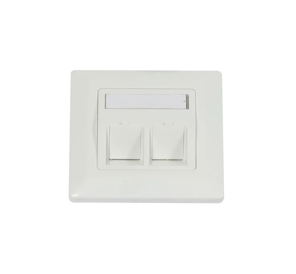 Plaque murale Dosen TP,UP 2-fach à cadre carré blanc avec deux ports keystone CAT6A Slim-line et étiquette vierge en vue