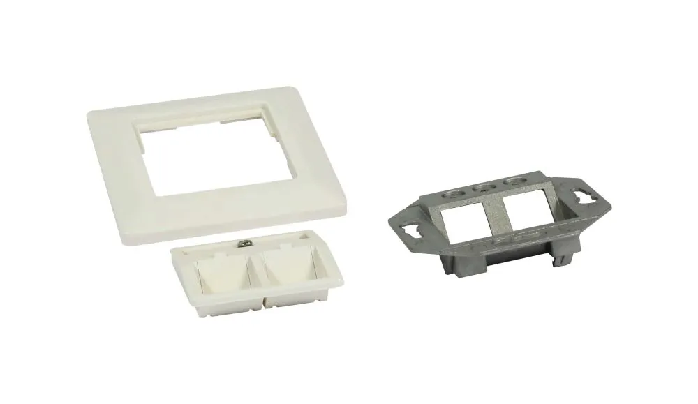 Cadre extérieur carré blanc et insert plastique 2 compartiments Dosen TP,UP CAT6A Synergy 21 avec support de montage