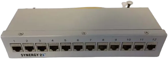 Patch Panel 12xTP, CAT6A, incl.Keystone, Slim-line mit Kabelklemme, Aufputz Metall, Lichtgrau, Synergy 21