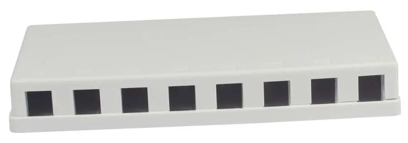 Panel de conexiones Synergy21 8xTP CAT6A en ABS blanco montaje superficial con 8 ranuras para keystone vacías vista frontal