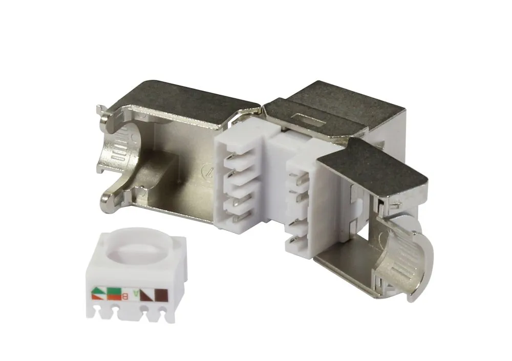 Patch panel Synergy 21 8xTP CAT6A con keystone slim-line montado en superficie ABS blanco abierto mostrando dos conectores